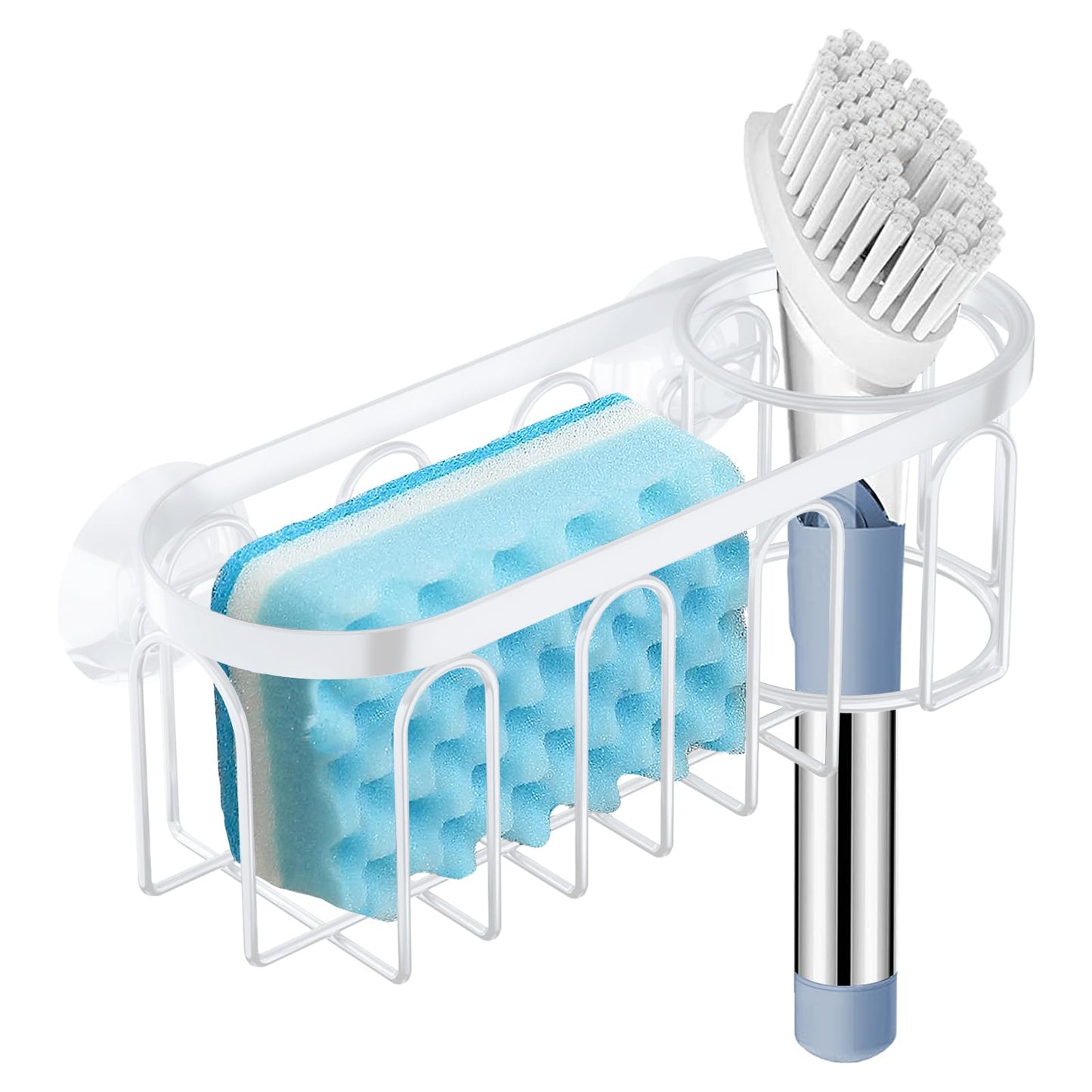 A black stainless steel sponge holder with suction cups attached to a white sink, holding a blue sponge and a dish brush.